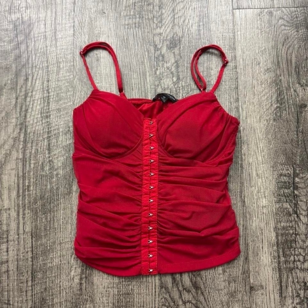 Red Moa Moa Mesh Hook Front Corset Cami Top Pinup Y2K M